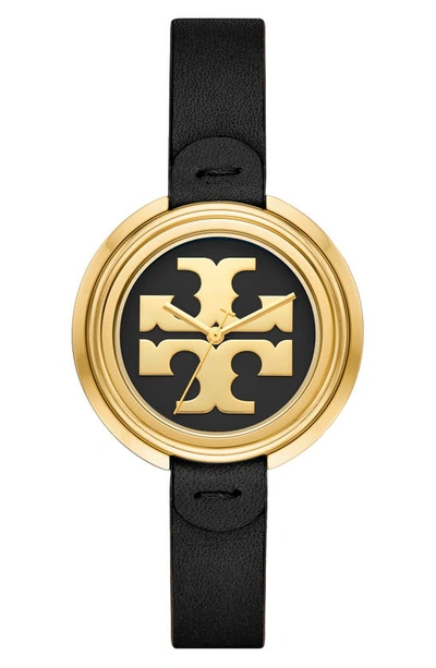 Tory Burch The Miller Goldtone Stainless Steel & Leather Strap Watch In Black