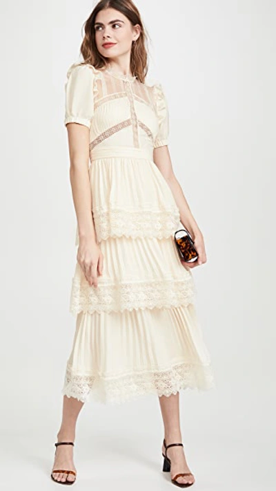 Self-portrait Puff Sleeve Tiered Pleated Maxi Dress In Cream