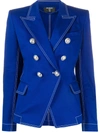 Balmain Double Breasted Cotton Denim Blazer In Blue