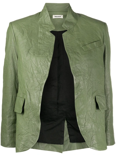 Zadig & Voltaire Open-front Crinkle-leather Blazer In Green