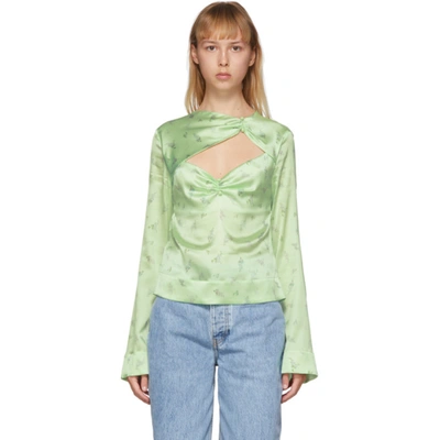 Ganni Cutout Ruched Floral-print Stretch-silk Satin Top In Light Green |  ModeSens
