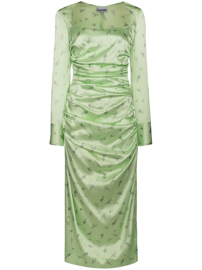 Ganni Ruched Floral-print Stretch-silk Satin Midi Dress In Green