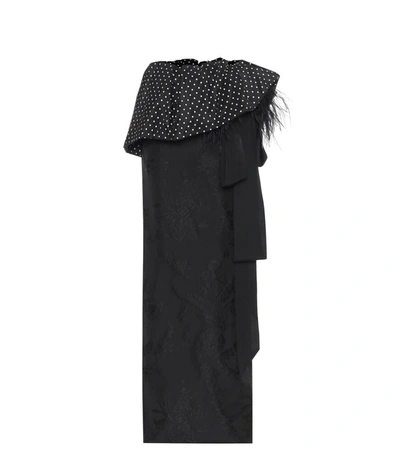 Dries Van Noten Feather-trimmed Polka-dot Satin And Floral-jacquard Maxi Skirt In Black