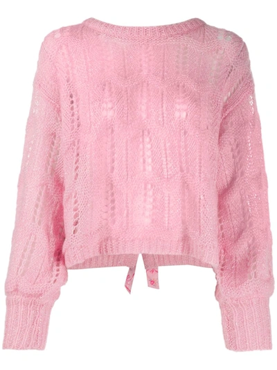 Loveshackfancy Eugenia Cropped Bow-embellished Metallic Open-knit Sweater In Pink