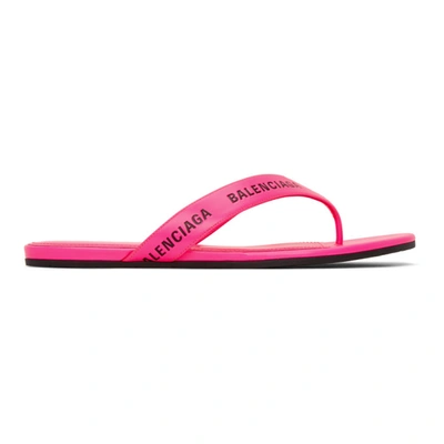 Balenciaga Allover-logo Round Leather Thong Sandals In Neon Pink