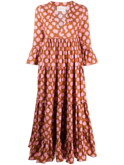 La Doublej Jennifer Jane Pom Pom-print Tiered Cotton Dress In Pom Pom Rosa