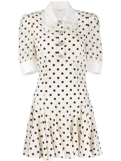 Alessandra Rich Fringed Sequin-collar Polka-dot Silk Mini Dress In White