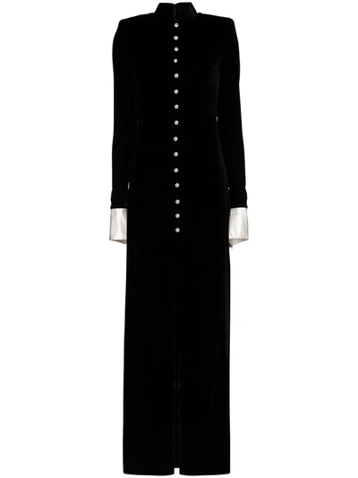 Alessandra Rich Crystal-button High-neck Velvet Dress In Black