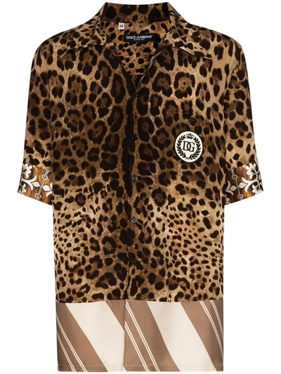 Dolce & Gabbana Logo-patch Leopard-print Silk Shirt In Brown