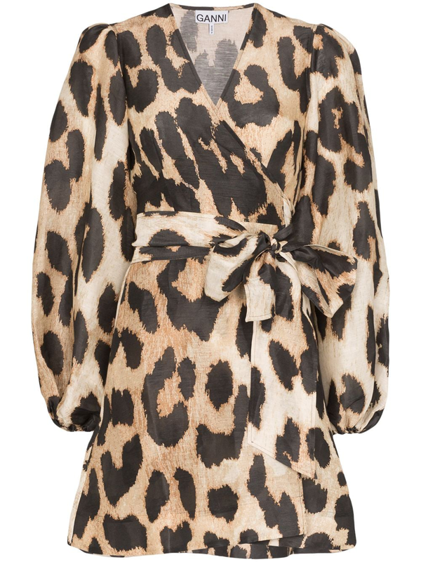 Ganni Leopard-print Linen And Silk-blend Wrap Mini Dress In Leopard Print |  ModeSens