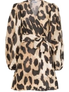 Ganni Leopard-print Linen And Silk-blend Wrap Mini Dress In Multi