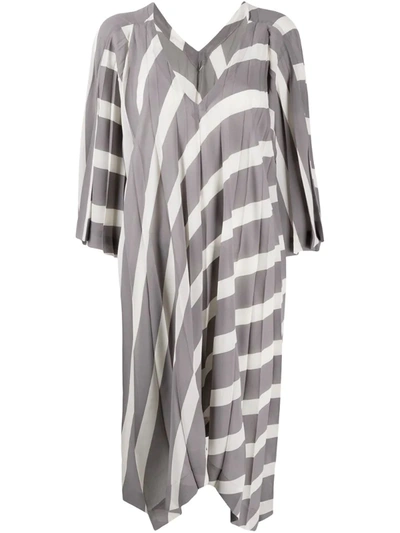 Issey Miyake Pleated Tunic Dress 3/4s V Neck In Grey