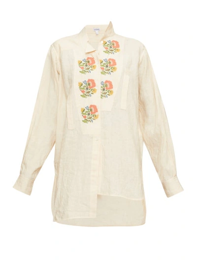 Loewe Asymmetric Floral Cross-stitch Linen Shirt In Beige