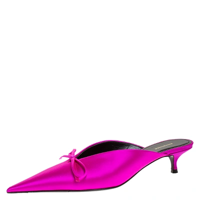 Pre-owned Balenciaga Fuschia Pink Satin Bow Pointed Toe Kitten Heel Mules Size 36.5