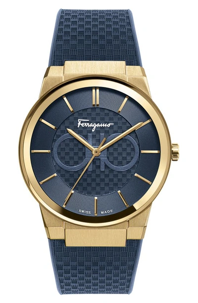 Ferragamo Sapphire Yellow Gold Ip Double Gancini Rubber Strap Watch In Blue