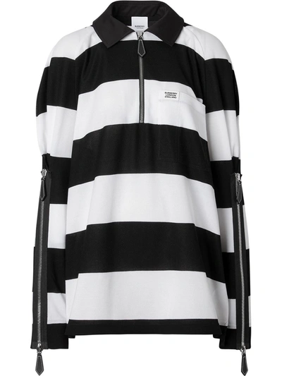 Burberry Zip Detail Striped Cotton Pique Oversized Rugby Shirt In Black/white