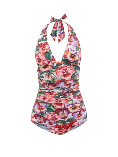 Dolce & Gabbana Halterneck Ruched Pansy-print Swimsuit In Pink Pansy