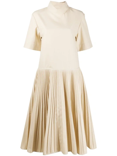 Jil Sander Pleated-skirt Cotton-blend Dress In Neutrals