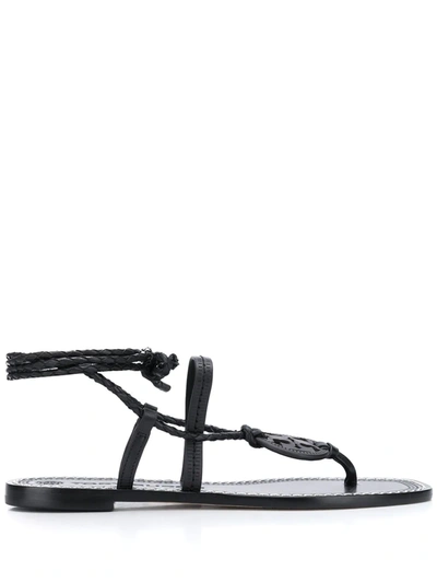 Tory Burch Miller Braided Ankle Tie Logo Sandal In Black