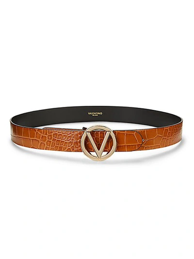Valentino By Mario Valentino Giusy Croc-embossed Leather Logo Belt In Caramel