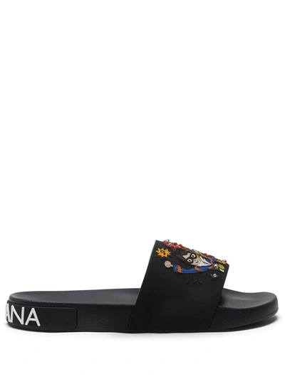 Dolce & Gabbana Rubber Beachwear Sliders With Stylist Patches In Black