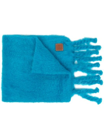 Loewe Knit Mohair Blend Fringed Scarf In Blue