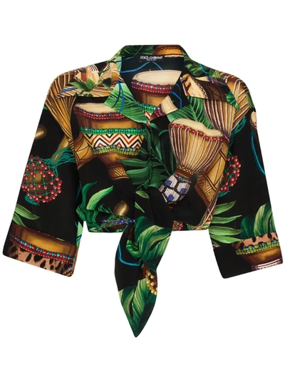 Dolce & Gabbana Short Shirt In Crêpe De Chine With Drum Print And Bow In Black