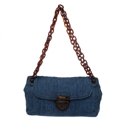 Pre-owned Prada Blue/brown Denim Flap Chain Shoulder Bag