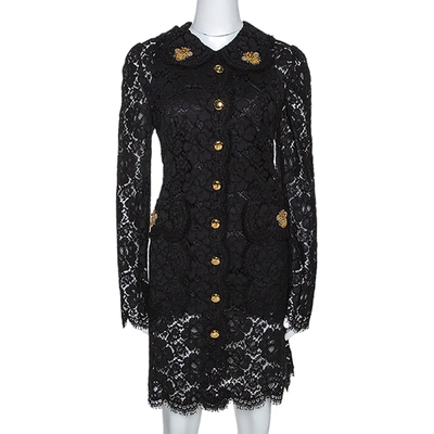 Pre-owned Dolce & Gabbana Black Floral Lace Bee Appliqued Shift Dress L