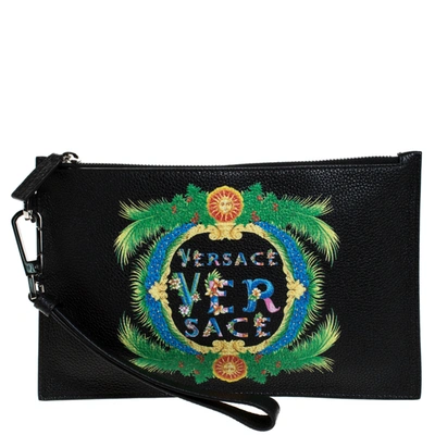 Pre-owned Versace Black Leather Floral Printed Wristlet Pouch