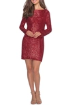 La Femme Sequin High-neck Long-sleeve T-shirt Style Cocktail Dress In Red