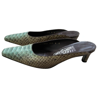 Pre-owned Ferragamo Turquoise Lizard Mules & Clogs