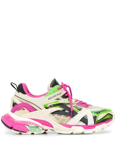 Balenciaga Track 2 Open Metallic Sneakers In White, Green, Rose