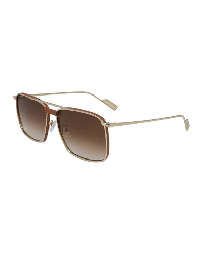 Ferragamo Men's Metal/leather Square Aviator Sunglasses In Gunmetal/brown