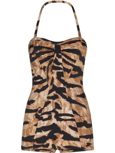 Dolce & Gabbana One-piece Swimsuit With Tiger Print In Brown