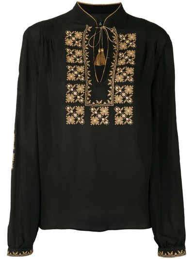 Nili Lotan Karina Tie-detailed Embroidered Silk-chiffon Top In Black W/ Gold Embroidery