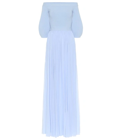 Alexander Mcqueen Off-the-shoulder Ribbed-knit And Crepe De Chine Gown In Blue