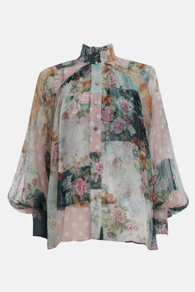 Zimmermann Wavelength Smock Blouse In Patchwork Floral In Multi