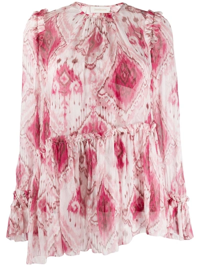 Zimmermann Wavelength Asymmetric Printed Silk-georgette Peplum Blouse In Multi