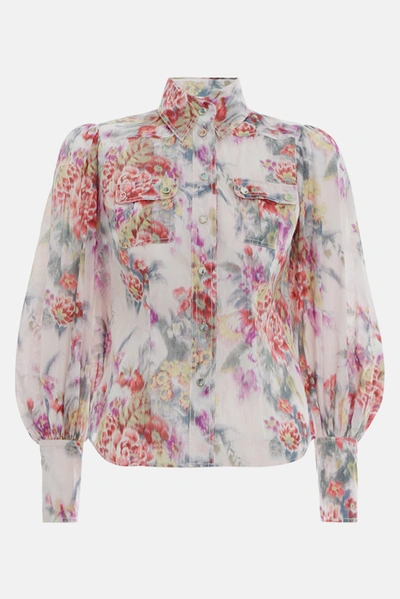 Zimmermann Wavelength Billow Sleeve Shirt In Pink Scarlet Floral In Multi