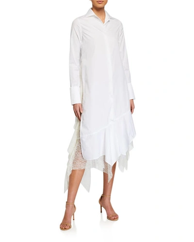 Anais Jourden Poplin Shirtdress With Lace Ruffles In White