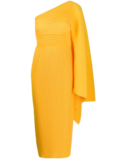 Solace London Lila Pleated Asymmetric Midi Dress In Neon Orange