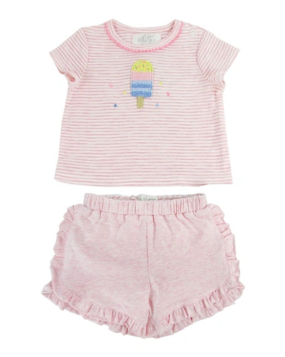 Albetta Kids' Crochet Popsicle Short-sleeve Top W/ Ruffle Shorts In Pink