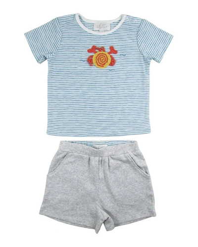 Albetta Kids' Striped Crochet Crab Short-sleeve Top W/ Shorts In Blue