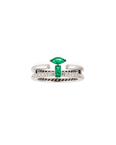 Miseno 18k White Gold Double-row Diamond And Emerald Engagement Ring