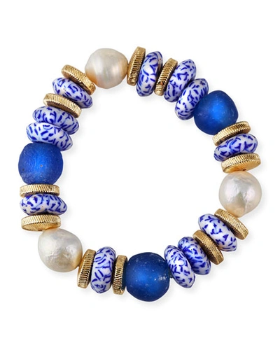 Akola Pearl And Bead Stretch Bracelet, Blue In Blue Pattern