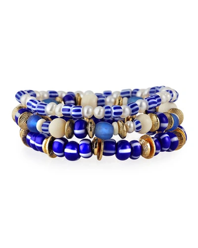 Akola Pearl And Bead Stretch Bracelets, Set Of 3, Blue In Blue Pattern