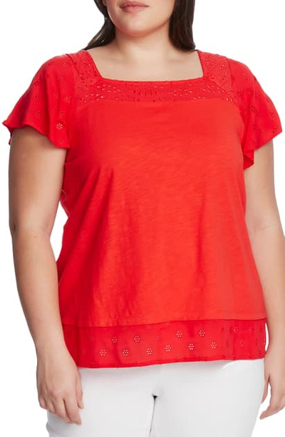 Vince Camuto Eyelet Detail Short Sleeve Cotton Blend Layered Top In Bright Ladybug