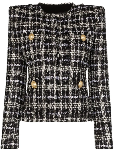 Balmain Collarless Lurex Tweed Jacket In Black