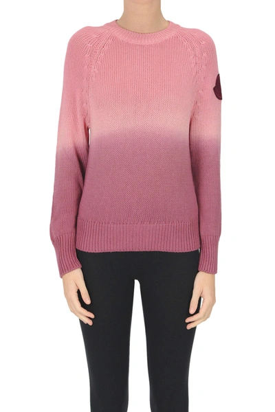 Moncler Leather Sleeve Patch Radiant Rib Knit Sweater In Pink